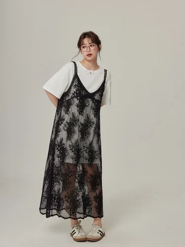 Imagen 2 del producto Vestido de una pieza de encaje negro transparente para mujer, vestido sin mangas con cuello en V para primavera y verano, vestido Midi de moda de estilo coreano para mujer