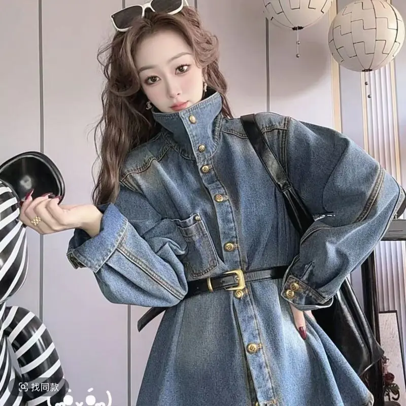 

Top Jacket Women's Fall/Winter American Style Stand Collar Denim Loose Fit Belt Fleece-Lined Thickened Casual Niche Versatile