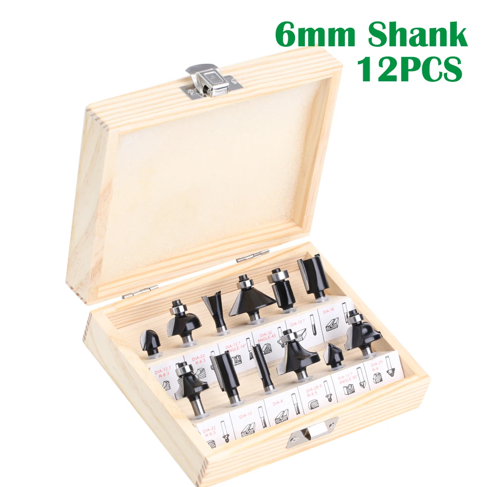 12PCS 6MM Shank Milling Cutter Wood Carving Router Bit Set With Box Trimming Straight Milling Cutter Wood Bits Tungsten Carbide