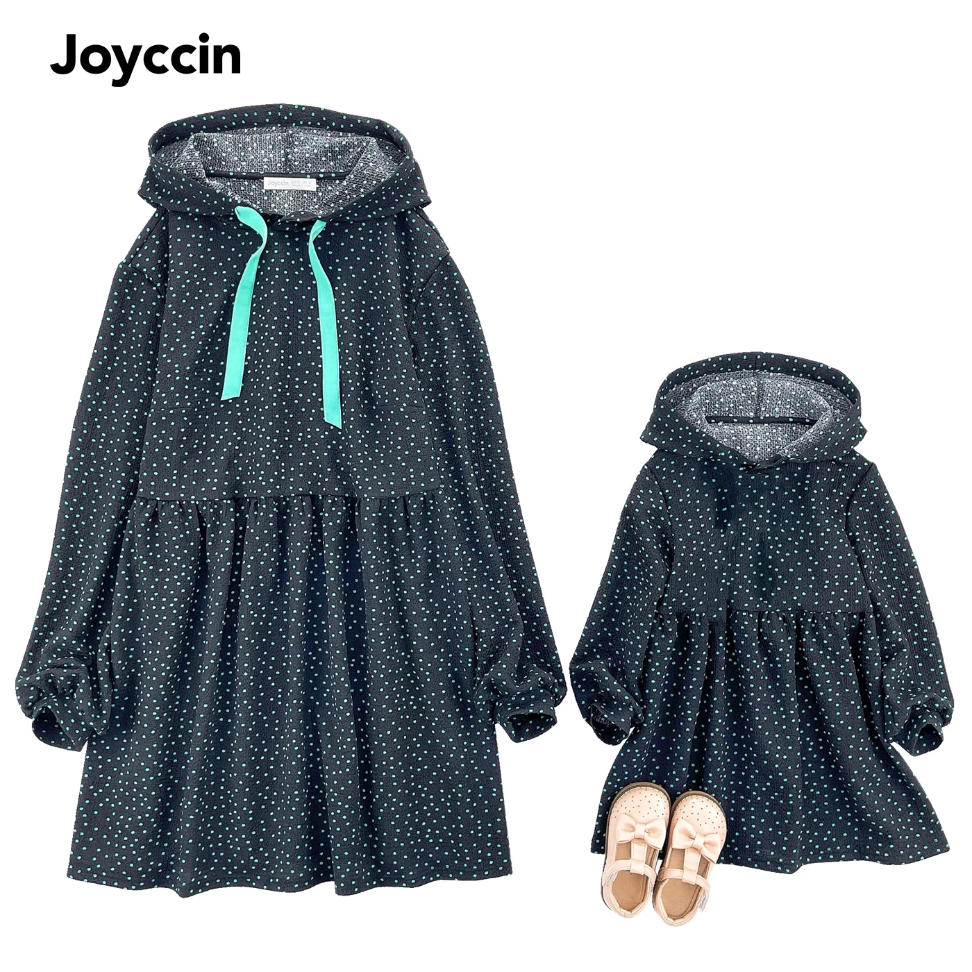 Joyccin Hood Dress Lantern Sleeve Costumes Mother Daughter Kids Family Matching Outfits Polka Dots Print Casual Women Clothes