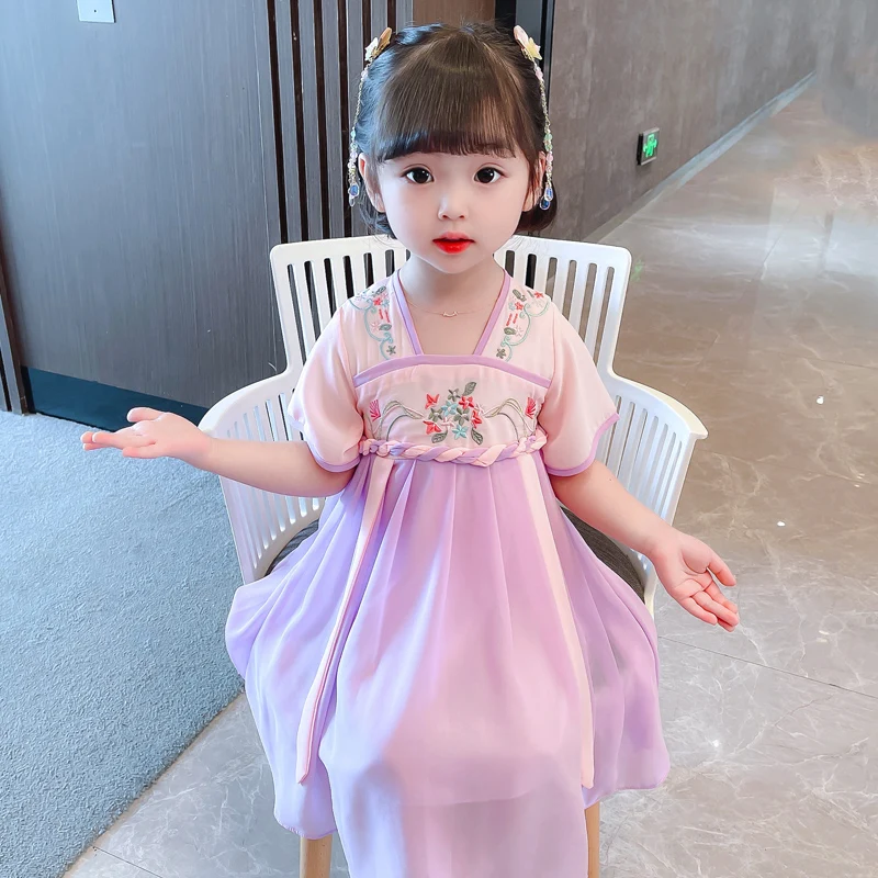 

Ele Summer New Sle Hanfu Girls Dr Thin ort Sve Performance Costume Ultra Fairy T like Children's Clothing