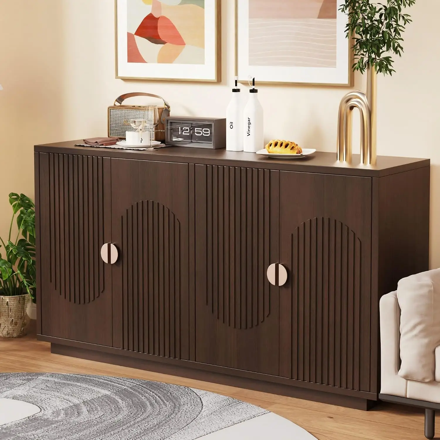 Modern 59" Sideboard Buffet Cabinet with Adjustable Shelf, Natural | Credenza with Curved Door Patterns & Ribbed, Customized