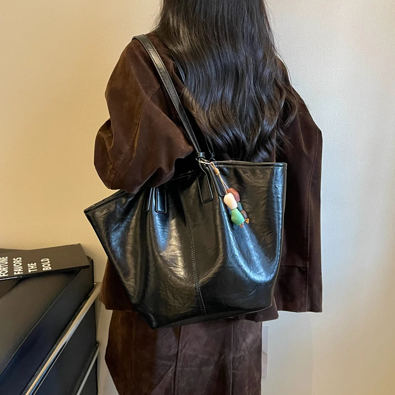 Overs ize Shopper Bag einfach lässig große Kapazität Tote Frauen Handtaschen Designer Tasche Luxus weiche Leder Umhängetasche schwarz Bolsos – Detail 5