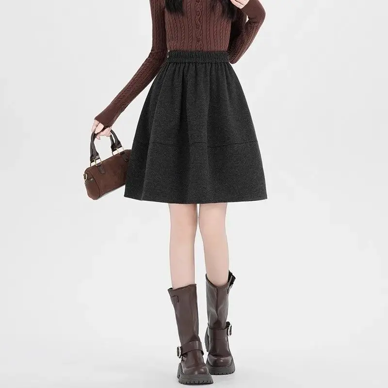 Dark Gray Woolen Bud Skirt Women's Autumn and Winter Design Sense Elastic Waist Skirt Umbrella Skirt