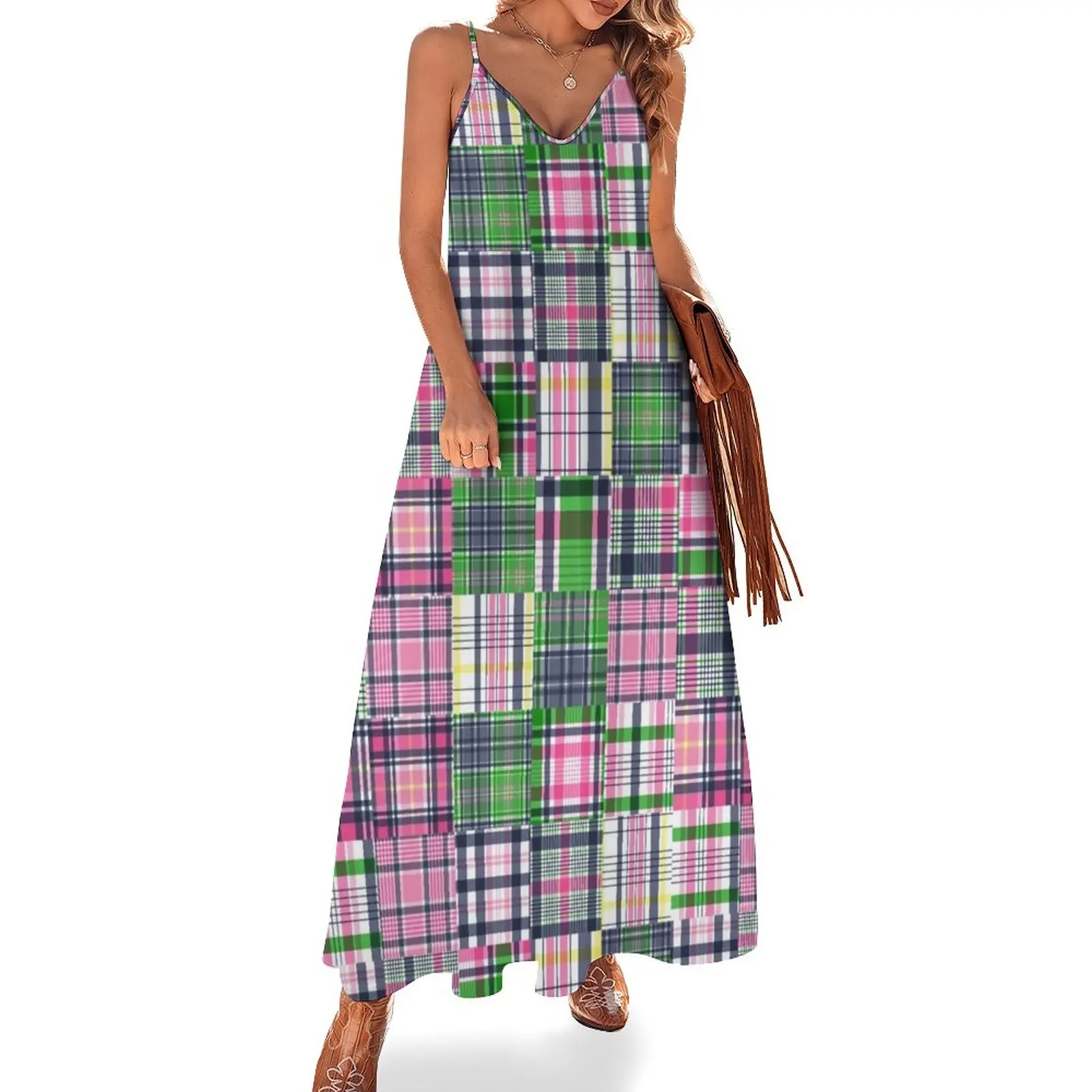 

Summer Plaid Pink Madras Patchwork Sleeveless Dress summer woman dress 2024 clothes for woman Women's summer dress