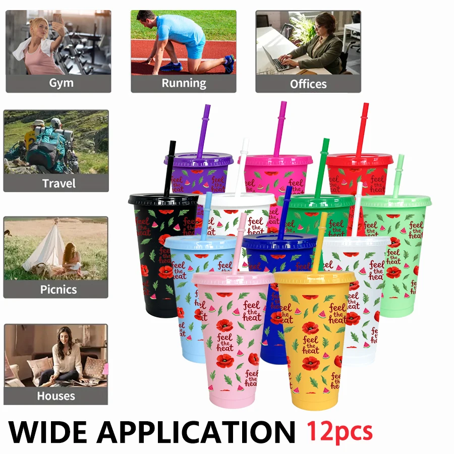 12pcs/pack Text Flowers   Leaf Patterns 26oz Colored Plastic Party Cold Cups for Back-to-school Birthday Gifts