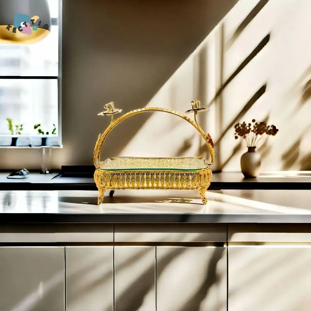 

Light Luxury Metal Fruit Plate Retro Exquisite Pastry Tray Multi-Function Creative Golden Glass Plate Office