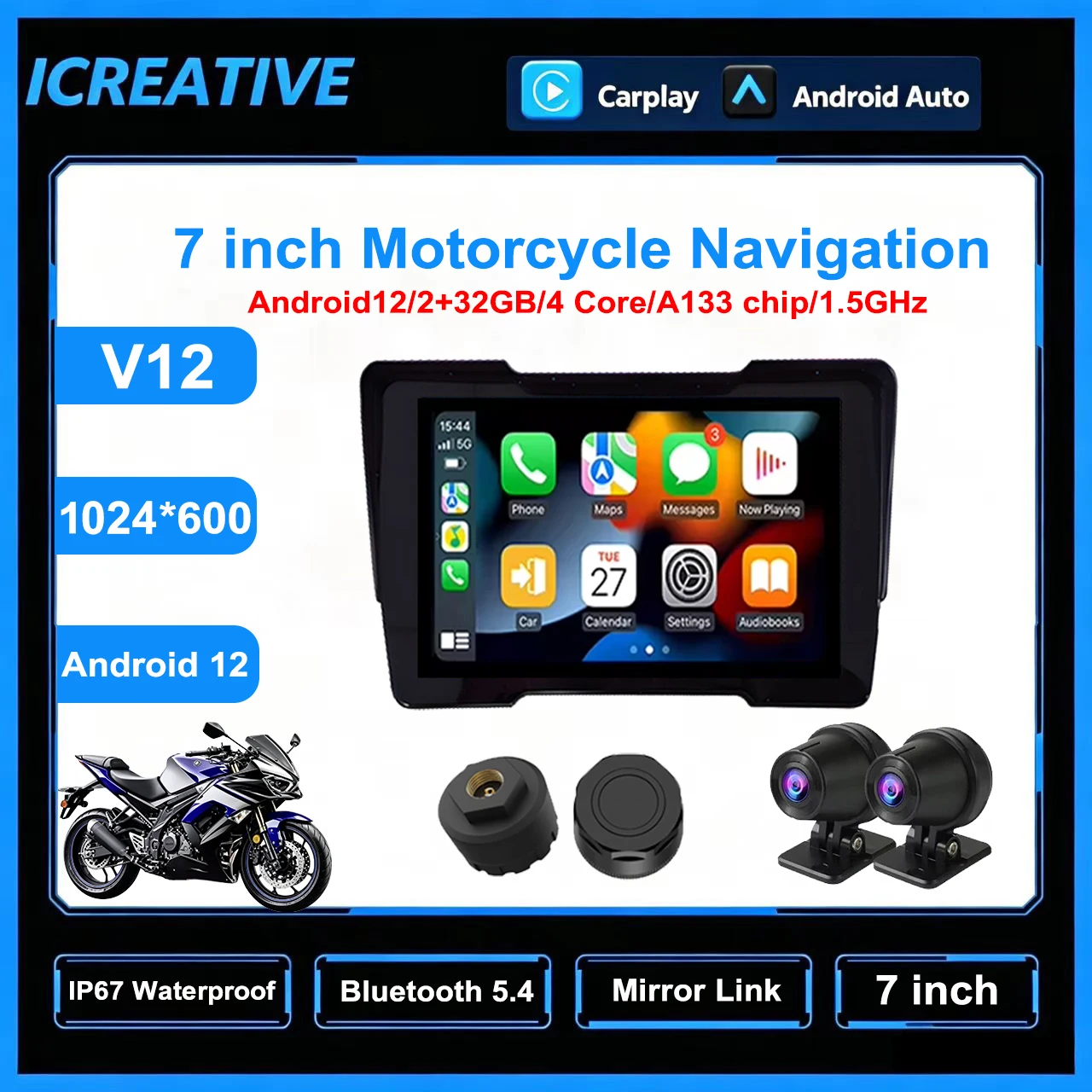 Android 12 Motorcycle CarPlay Android Auto IP67 Waterproof Display Screen Navigation GPS TPMS DVR A133 Chip Portable Monitor
