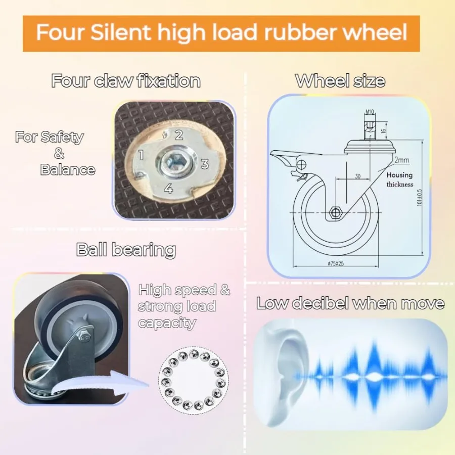 Dolly Platform Kayu Bulat 15 Inci dengan Roda TPR Senyap 2" dengan 2 Rem + 2 Tanpa Kapasitas Beban 551-lb Furnitu Kayu Tugas Berat