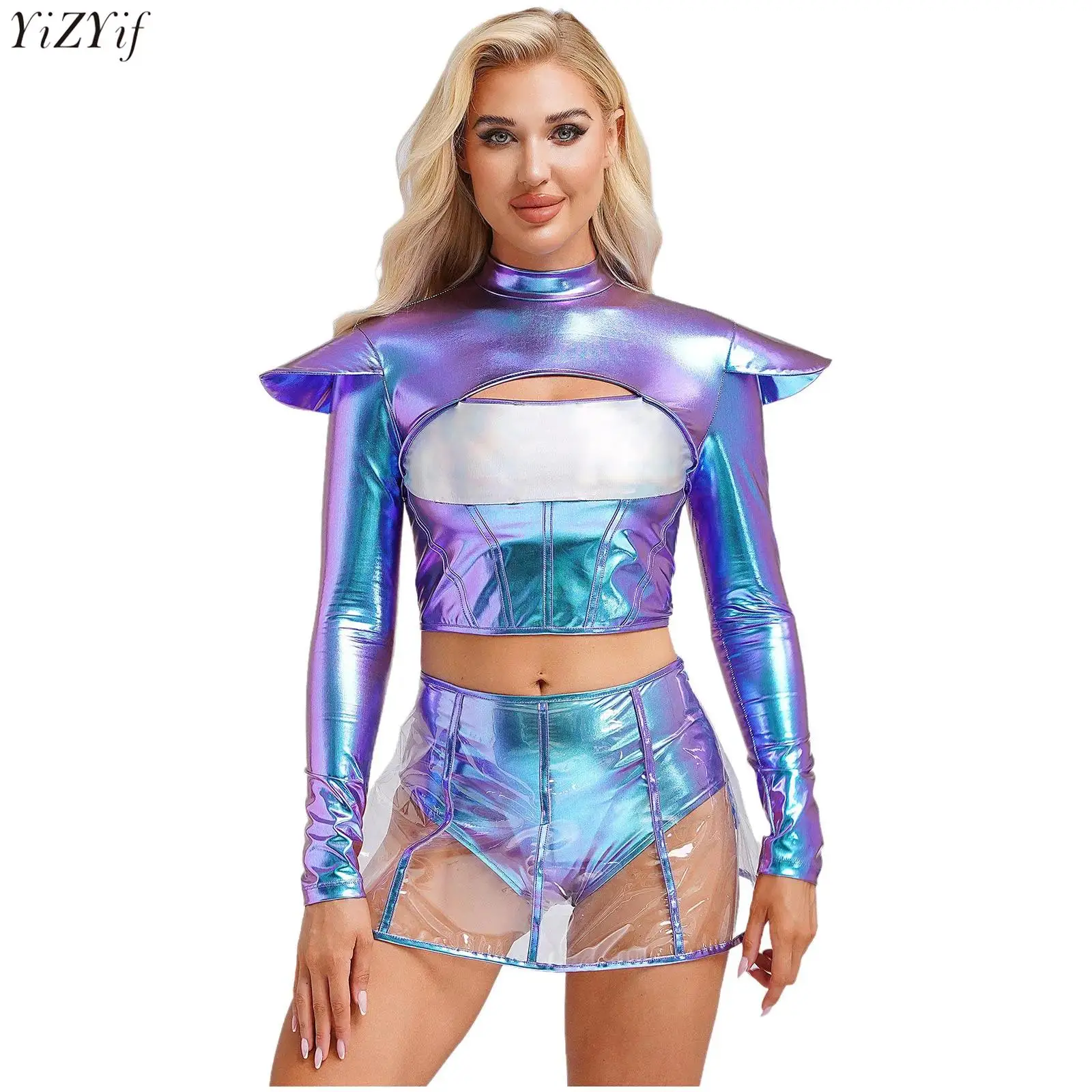 

Womens Halloween Alien Outerspace Costume Long Sleeve Hollow Out Cropper Top+Transparent Skirt Set for Party Role Play Clubwear