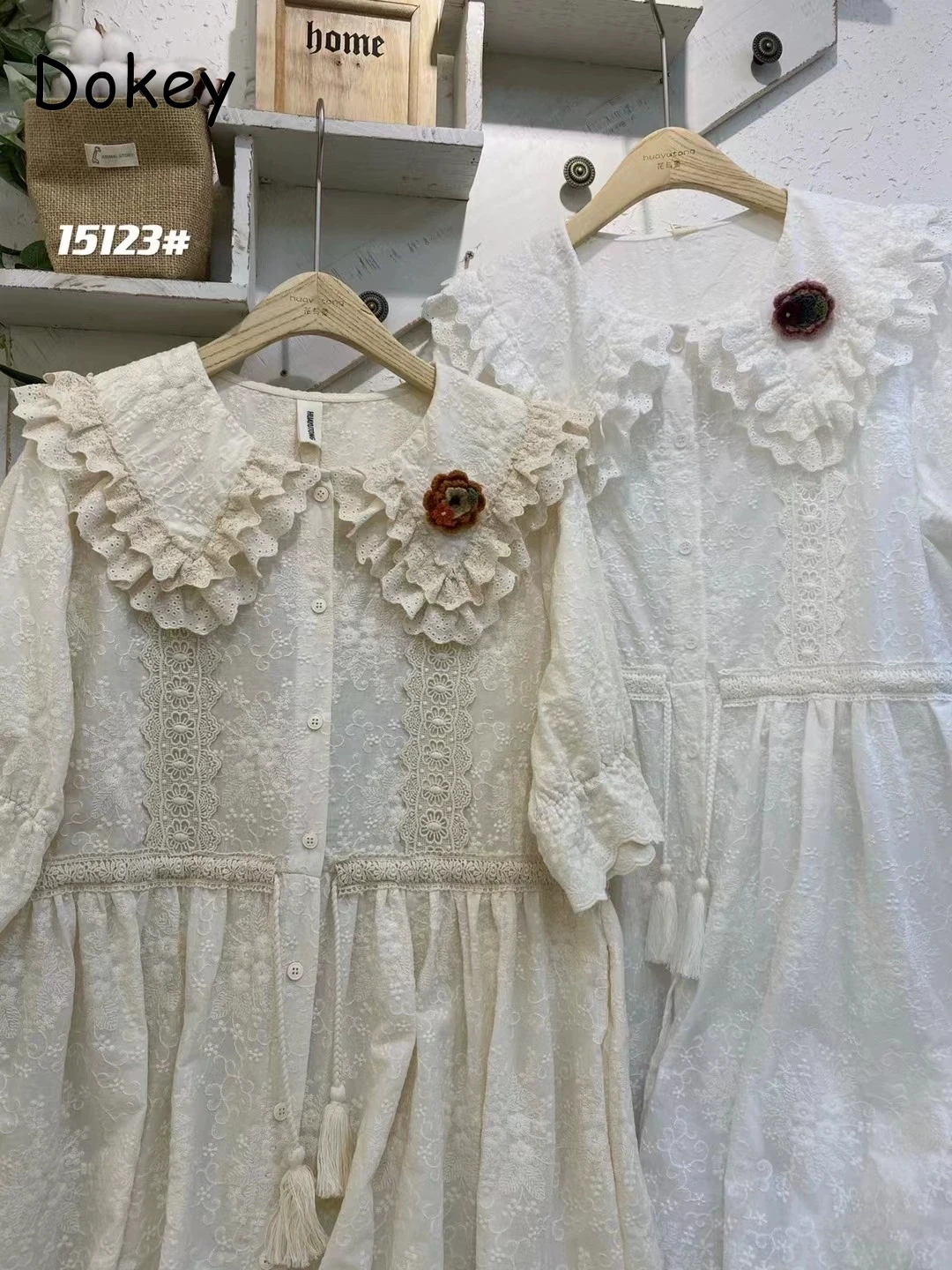 

Women's Vintage White Hollow Out Dress Summer Japanese Mori Girl Lace Ruffled Turn-down Kawaii Dress Loose Cotton Linen Vestidos