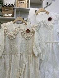 Women's Vintage White Hollow Out Dress Summer Japanese Mori Girl Lace Ruffled Turn-down Kawaii Dress Loose Cotton Linen Vestidos