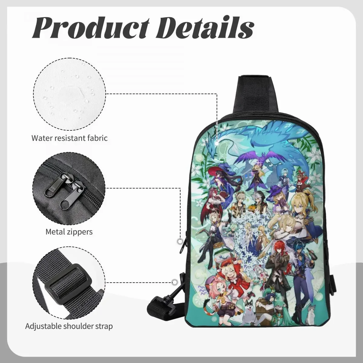 حقيبة ظهر Anime Genshin Impact Crossbody Sling حقيبة كتف بحمالة صدر قابلة للتعديل للسفر والمشي لمسافات طويلة في الهواء الطلق للنساء والرجال