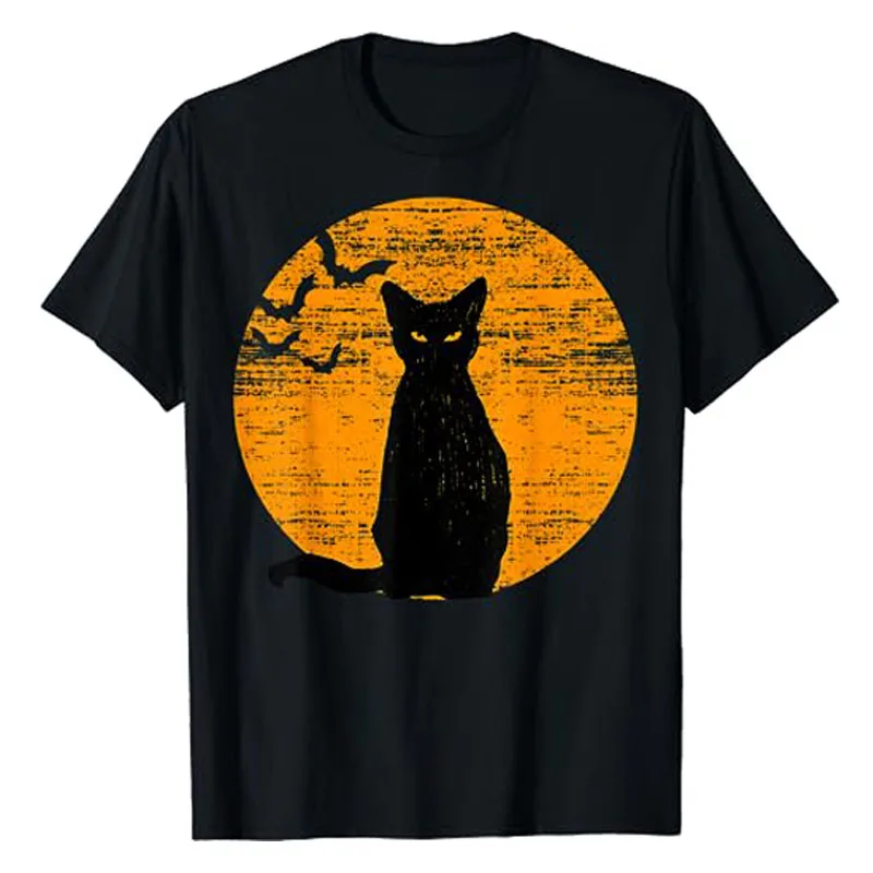 Vintage Scary Halloween Black Cat Costume Retro Moon Cat Mom T-Shirt Women's Fashion Kitty Lover Graphic Tee Mama Halloween Gift