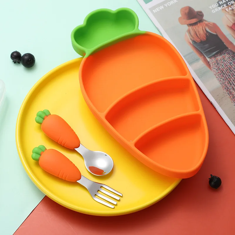 Baby Carrots Bowl Suction Training Spoon Fork Set Portable Tableware Plate Kids Children Silicone BPA Free Feeding Dining Dishes