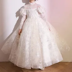 Customized Stand Collar Embroidery Princess Dresses Mesh Patchwork Robe Long Sleeve Birthday Party Vestidos Temperament Flower G