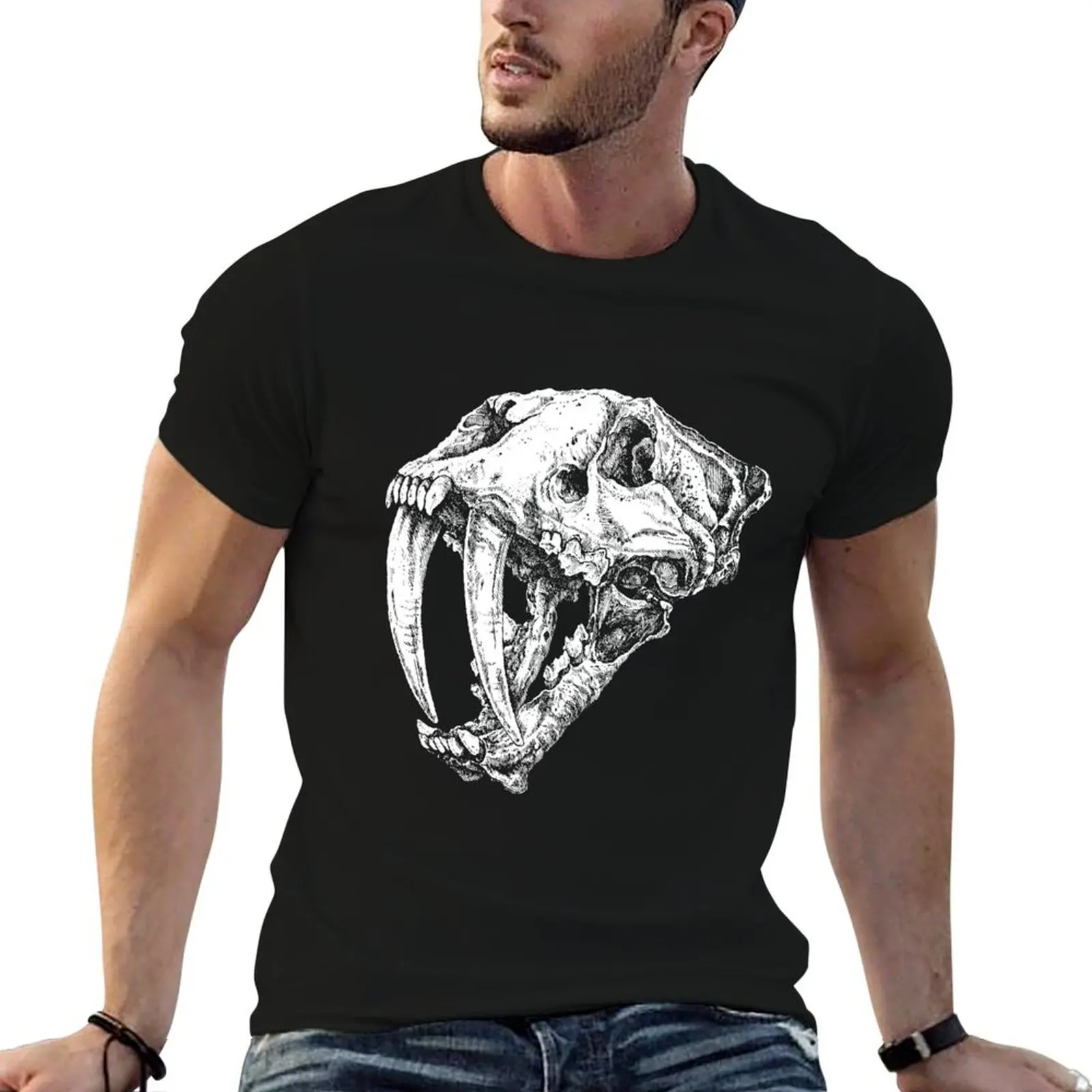 Camiseta con estampado de cráneo de diente de espada - Cráneo de Smilodon - Camisetas blancas para hombre, camiseta esencial de algodón, camisetas con estampados