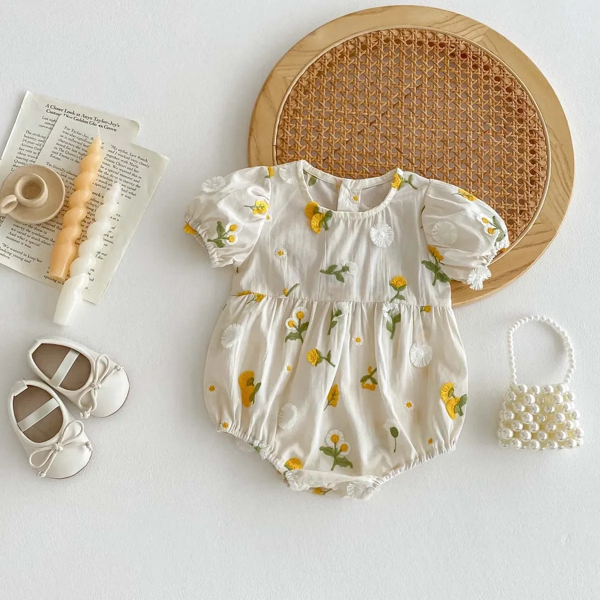 New Embroidered Sunflower Thin Bag for Baby Girls, Summer Sweet Bubble Sleeves Full Moon Jumpsuit