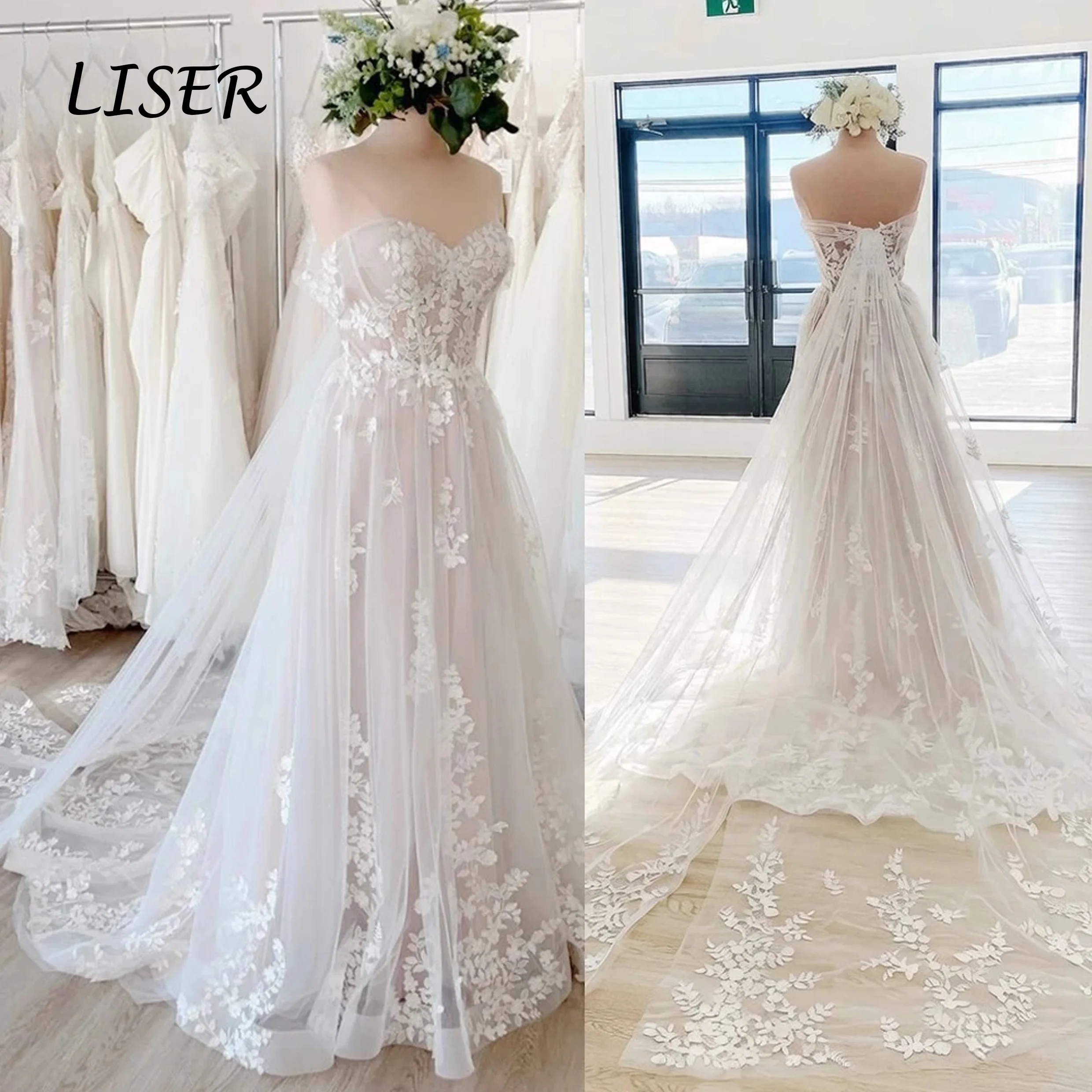 Liser  Attractive Strapless Wedding Dresses Off the Shoulder Sweetheart Zipper A-line Brush Train Vestidos Zip Back Customised