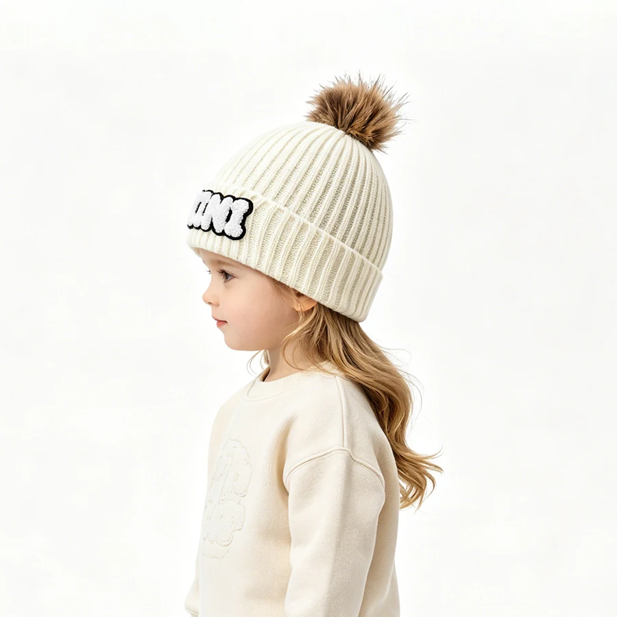 2-Pack Embroidered Mother and Child Pom Pom Yarn Hat for European & American Outdoor Cycling & Travel Warm Knit Hat