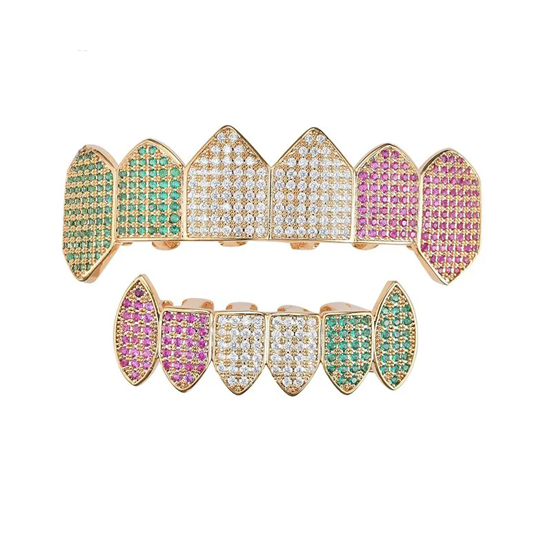 Juego de parrillas de circón cúbico multicolor para hombres y mujeres, piedras CZ, dientes, tapas Grillz, Iced Out, Micro pavé, encanto superior e inferior, joyería