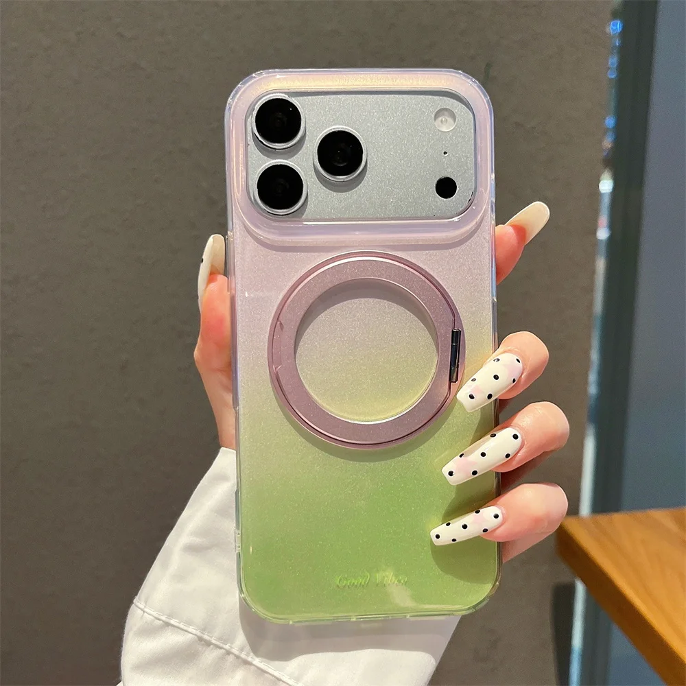 Rotating Magnet Magnetic Stand Rainbow Color Phone Case for iPhone 17 16 15 Pro Max Aluminum Alloy Bracket Folding Holder Cover