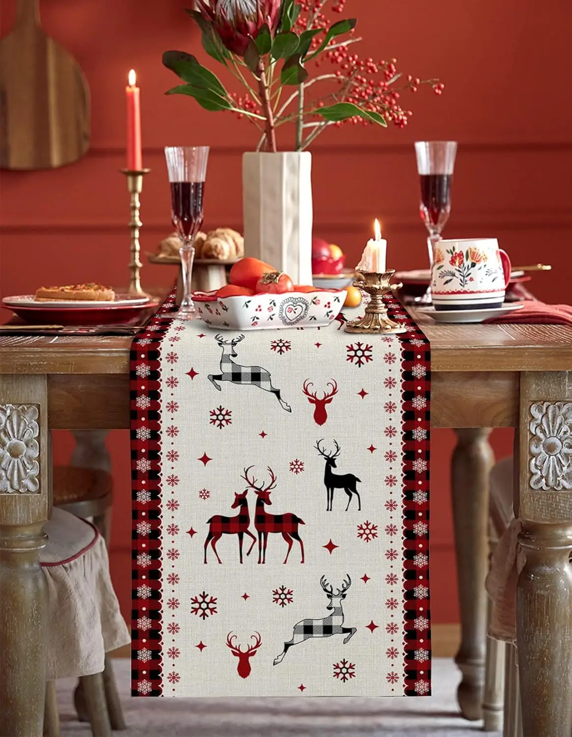 Christmas Elk Snowflake Tiled Buffalo Plaid Linen Table Runners Dresser Scarf Decor Reusable Dining Table Runners Xmas Decor