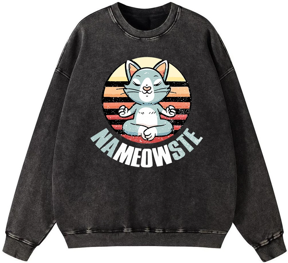 Cat Meditation Man Vintage Washed Cotton Sweatshirt Simple Oversize Pullover Autumn Fleece Warm Hoodies Hipster Soft