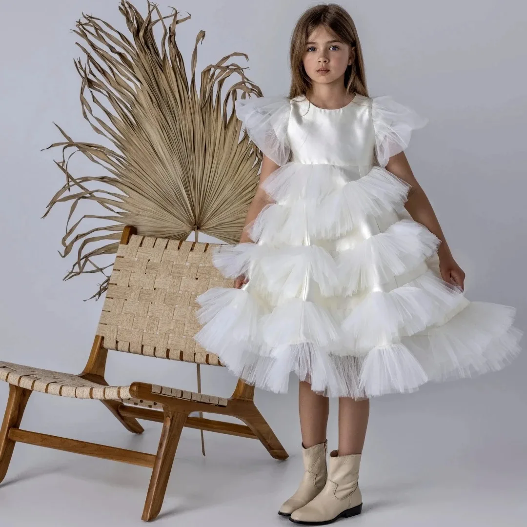 Custom Flower Girl Dress, Multi-Layer Short Sleeve, Ivory Satin Tulle Skirt, Suitable for Weddings, Birthday Parties, Proms, and