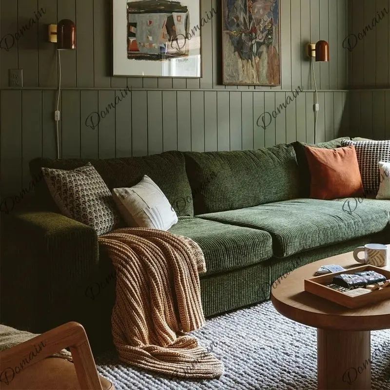 French retro fabric sofa small apartment living room straight row solid wood sofa American simple three-person sofa combination