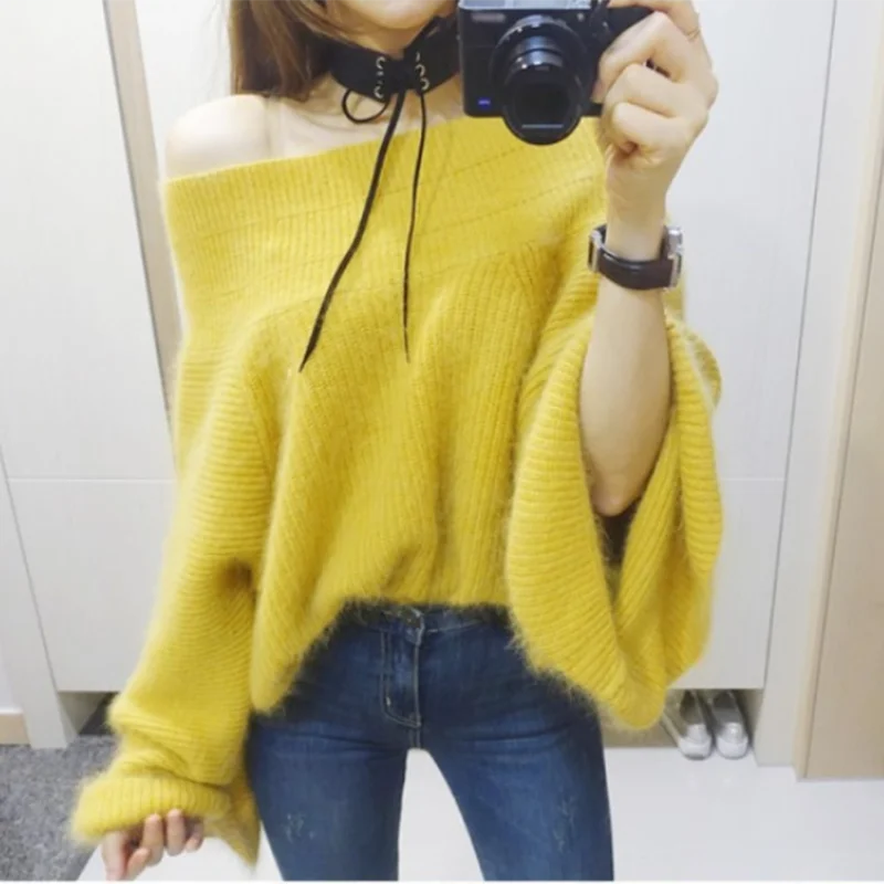 2024 Sexy Off Shoulder Knitted Sweater Women Solid Loose Flare Sleeve Pullover Female Slash neck Mink Cashmere Sweater Jumpers