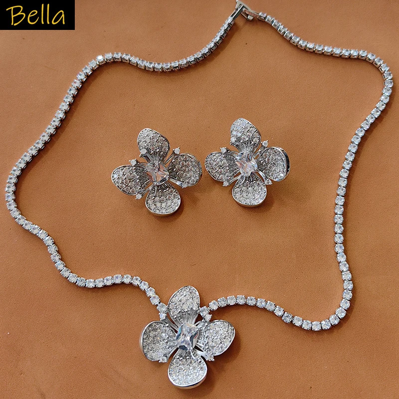 

Flower Jewelry Set 2pcs Necklace Earrings White Pink Purple Zirconia Bride Bridesmaid Wedding Exquisite Jewelry Set Women