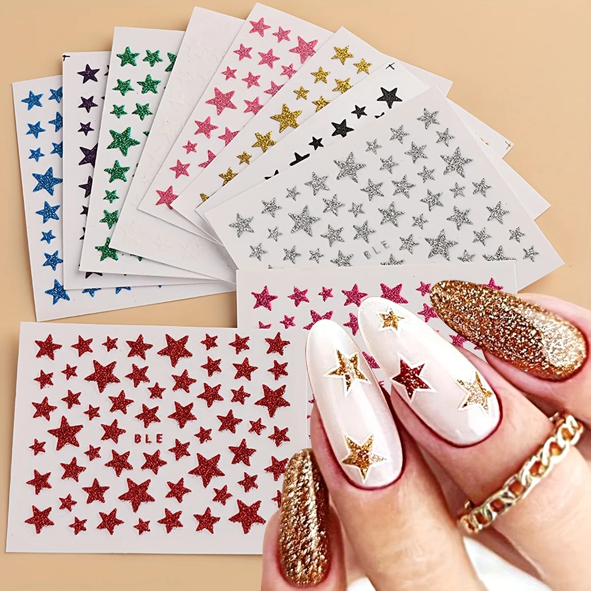 10 Stück glitzernde Stern-Nagelkunst-Aufkleber für Weihnachten, glitzerndes fünfzackiges Stern-Nagelkunst-Aufkleber-Design
