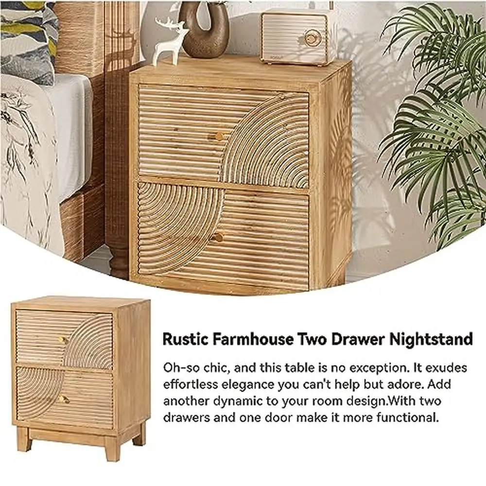 Handcrafted Wood Ring Pattern 2-Drawer Mid Century Farmhouse Nightstand Set of 2 Rustic Organizer Smaller Items Fully Assembled