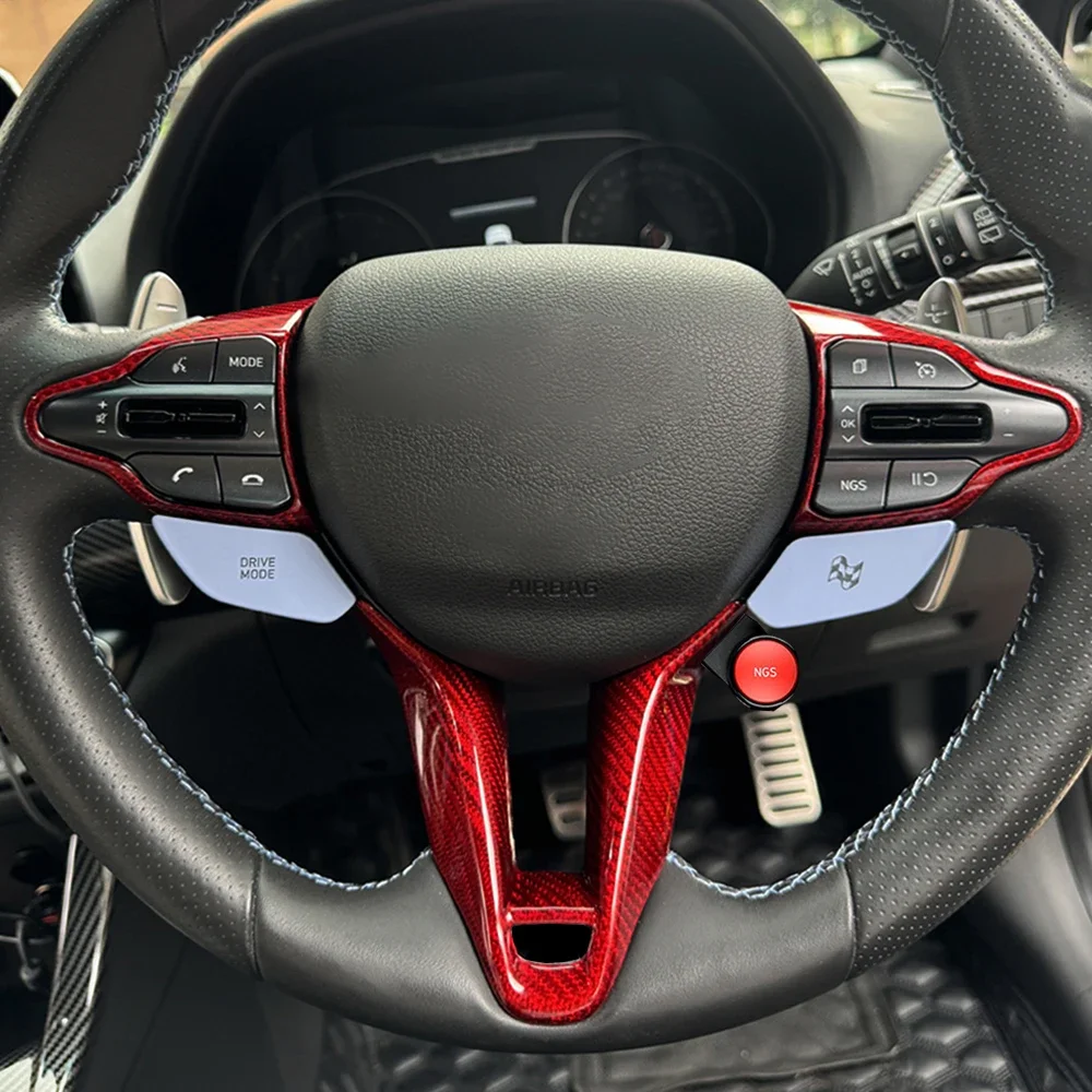 Real Carbon Fiber Black Red Steering Wheel Button Frame Chin Trim Cover For Hyundai Kona N 2021-2023 I20 N