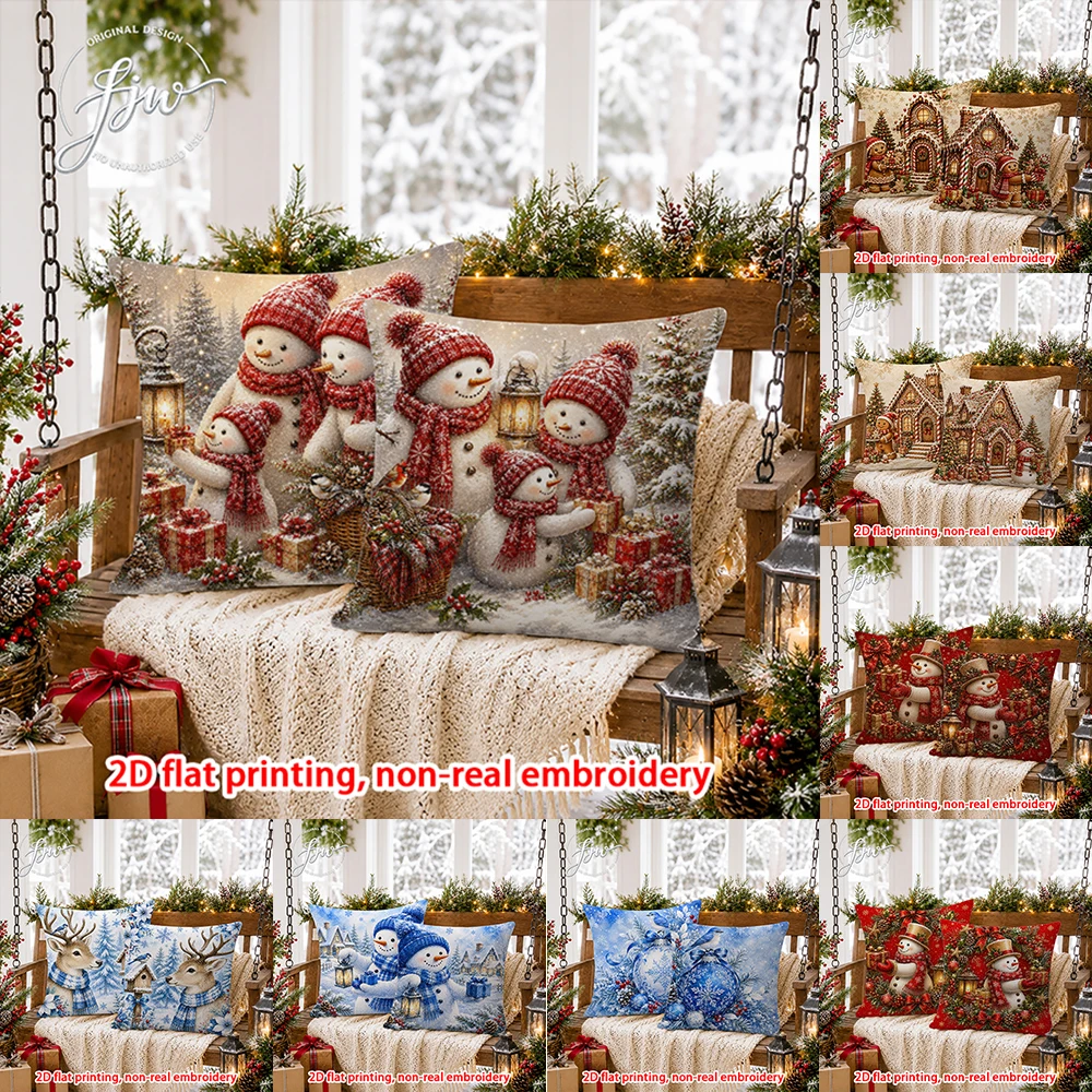 2D FLAT-2PCS Christmas Snowman Winter Throw Pillow Covers Sofa bedroom porch New Year decoration only pillowcase