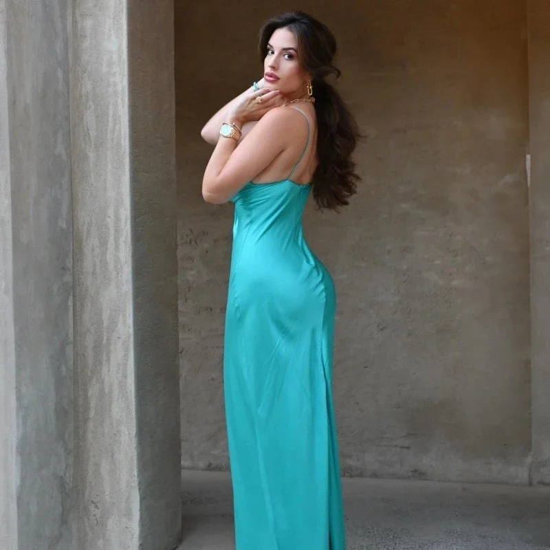 Sommer Sexy Slim Fit Leibchen Kleid Mode Einfarbig Hohe Taille Overall Langen Rock Dame Hohl Satin Party Bankett Kleid