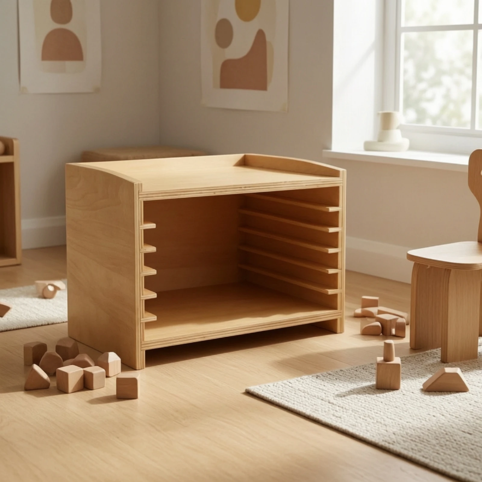 Puzzle Cabinet 5-Slot Wooden Puzzle Rack Wooden Desktop Shelf Natural Open-Front for Teachers, Classroom, Preschool