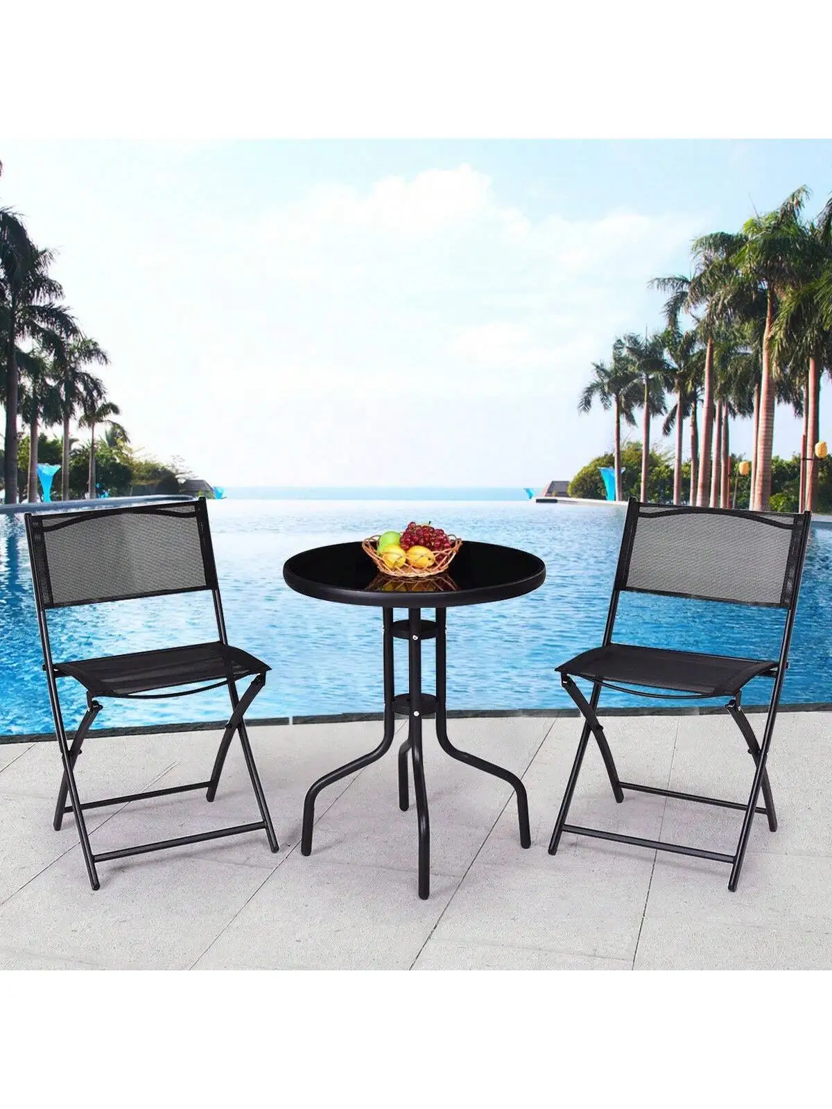 

3 Pcs Bistro Set Garden Backyard Table Folding Chairs Outdoor Patio Furniture