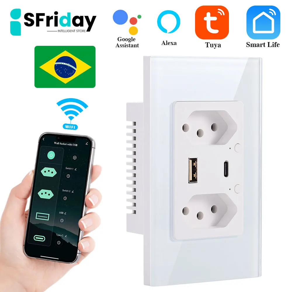 

IsFriday Smart Socket WiFi Brazil Wall Plug With USB Type C Port Individual Control Tuya Smart Life App For Google Home Alexa