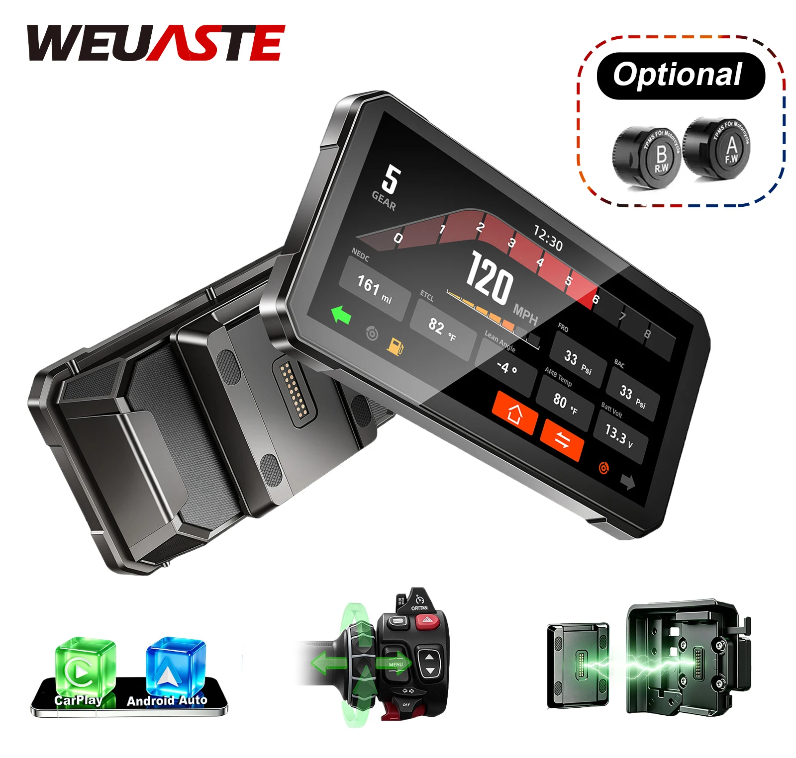WEUASTE Motorcycle CarPlay Android Auto Smart Display Dashboard Unit with GPS Navigation For BMW (Optional TPMS)