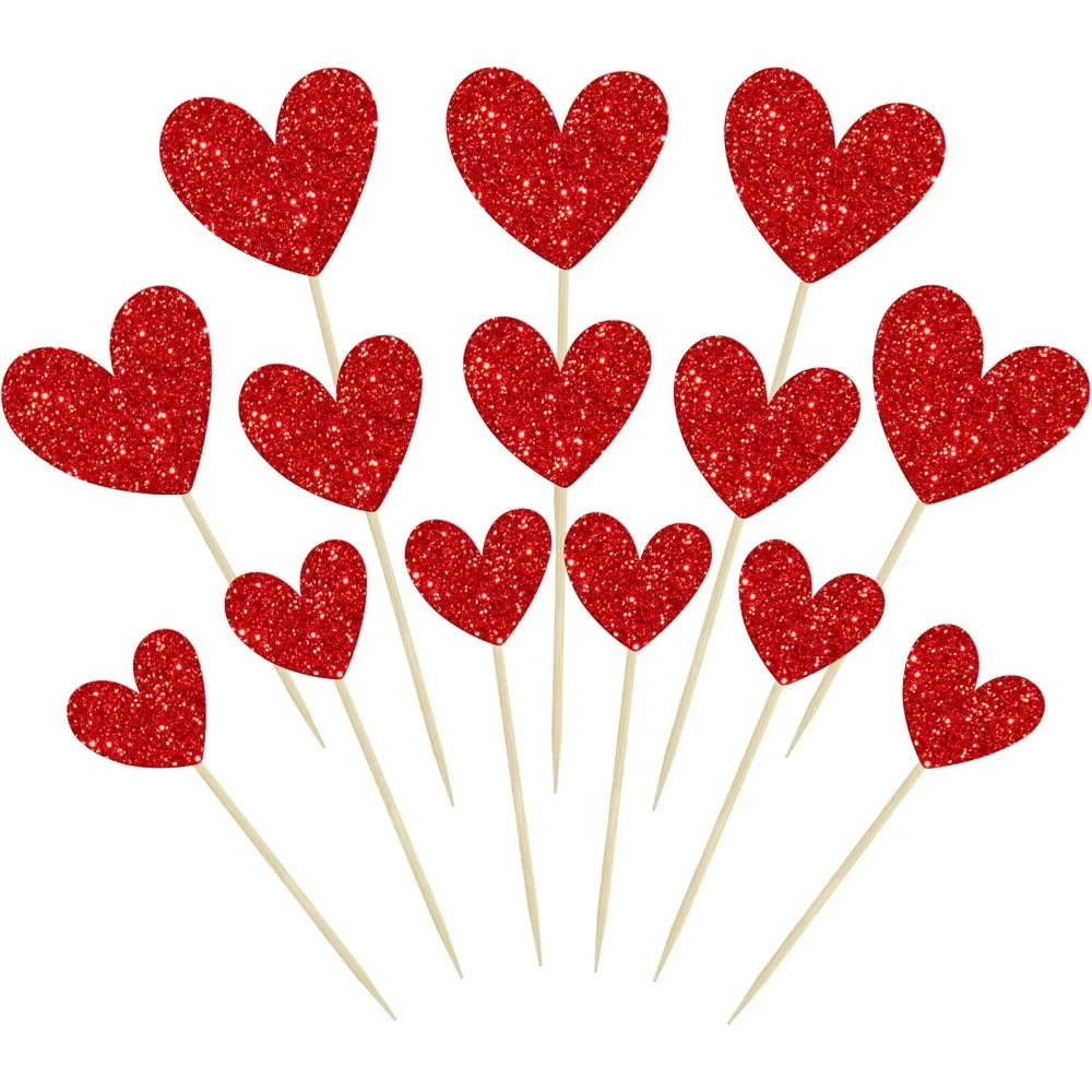 24 Stück rote glitzernde Herz-Cupcake-Topper, Valentinstag und Hochzeit, Verlobung, Geburtstag, Party-Dekoration
