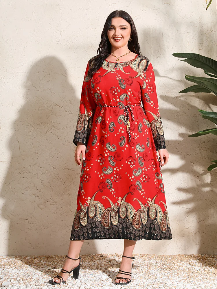 GIBSIE Plus Size tureckie wzory długi, z paskiem sukienka damska wiosna 2024 etniczne Boho z okrągłym dekoltem z długim rękawem damskie Vintage sukienki A-Line