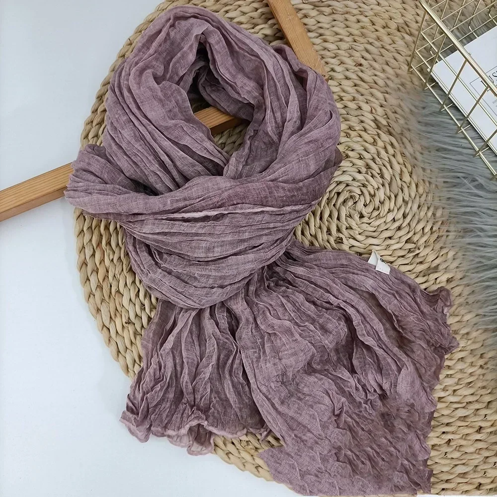 Cotton Linen Scarf Solid Color Female Literary Texture Fold Length Thin Fried Dough Twists Ethnic Spring Autumn Winter Shawls