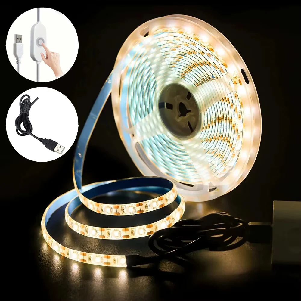LED Strip Lights 5V Flexible Ribbon White/Warm White Cuttable Lighting Adhesive Tape for Wardrobe Kitchen Bedroom TV Backlight