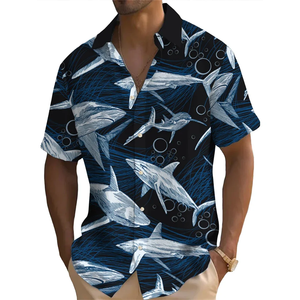 Hawaiian Shirt For Men Kawaii Shark Pattern Short Sleeved Shirts Casual Men's Streetwear New Loose Tops Oversized Original Shirt