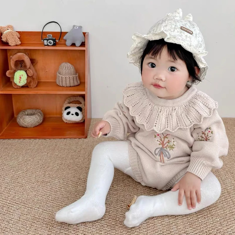 

2025 Infant Baby Girl Knit Jumpsuit Flower Embroidery Long Sleeve Romper for Autumn 0-24M Baby Jumpsuit Baby Bodysuits Clothes