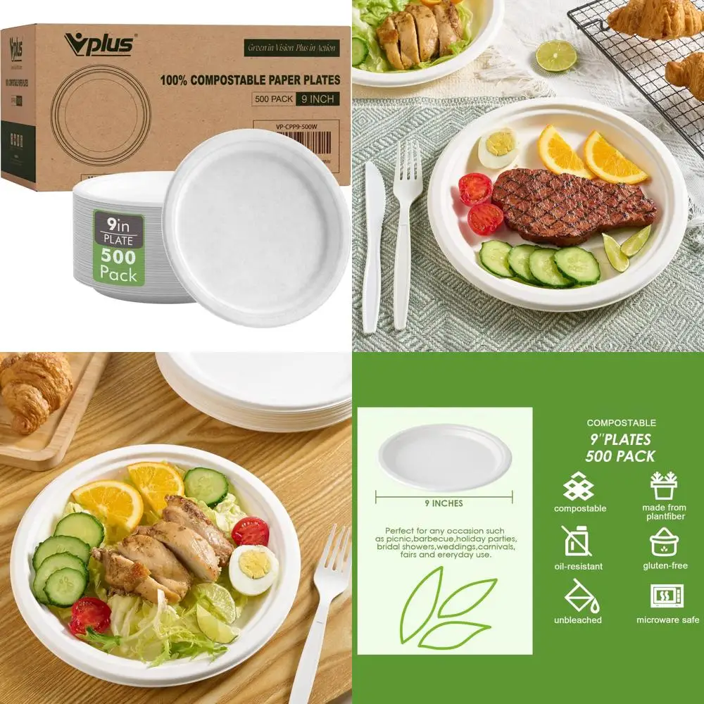 

9 Compostable Heavy-Duty Paper Plates, 500 Pack, Eco-Friendly Sugarcane Biodegradable, Natural White