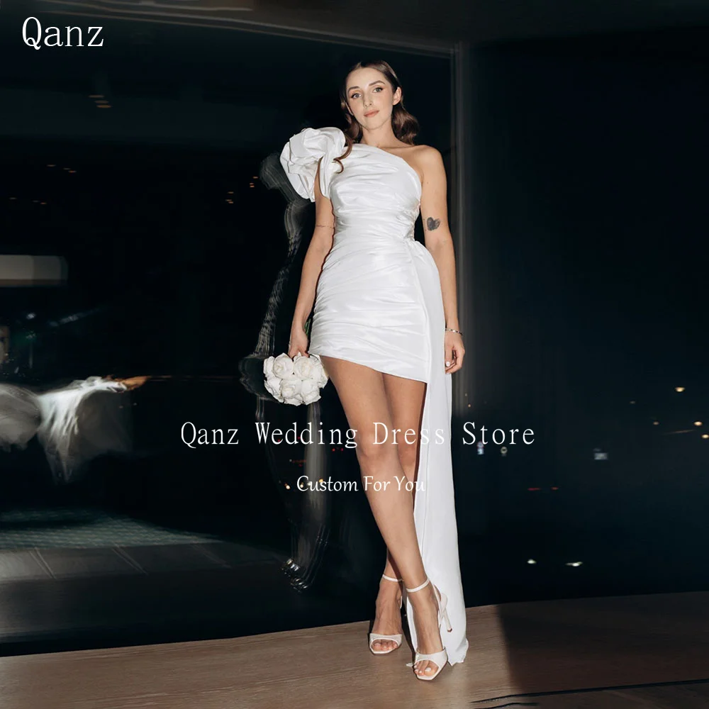 

Qanz Modern One Shoulder Wedding Dresses White Sain Mini Robe De Mariée Short Pleat Party Dresses Woman 2026 Customized