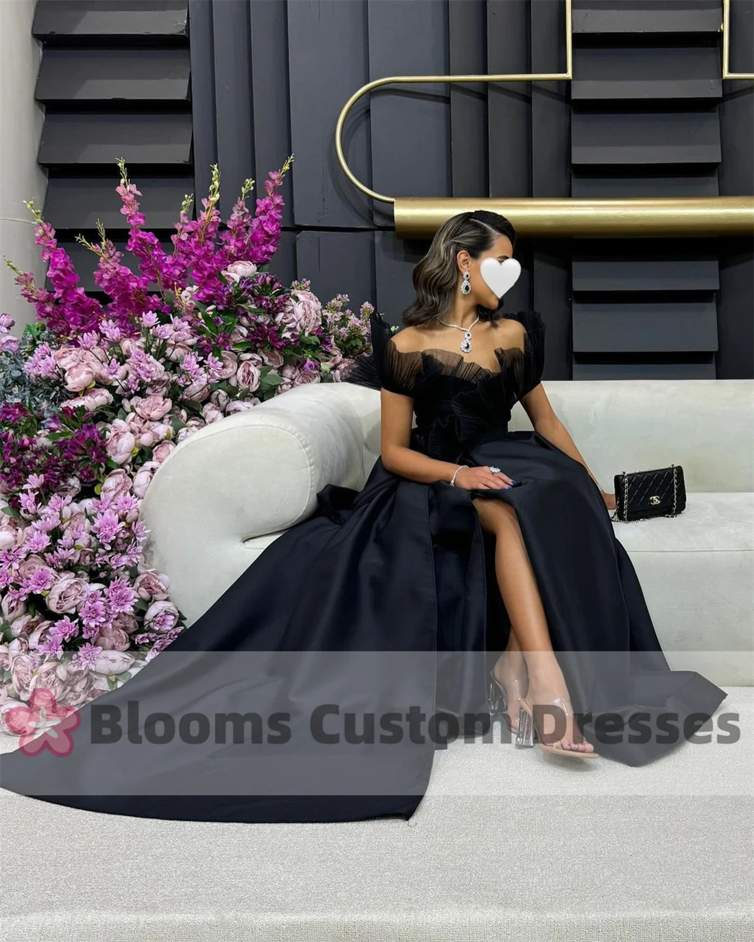 Blooms Black Pleated Organza Off Shoulder Satin Evening Dress A-Line Side Slit Prom Dress Customized Formal Party Gown